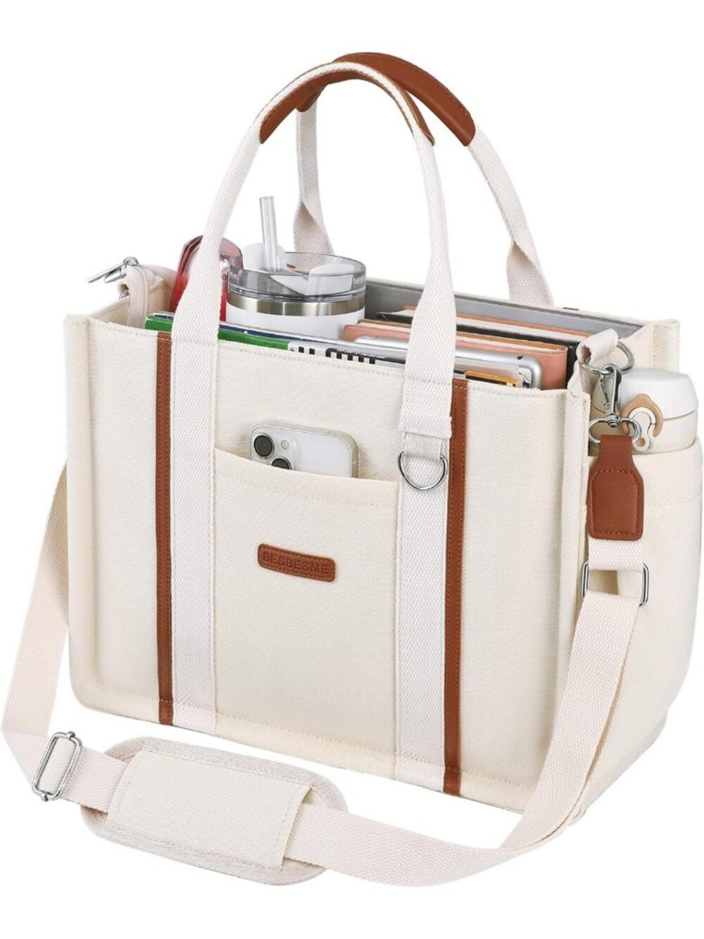 Stylish Multi-Pocket Canvas Tote Bag with Zipper - Versatile Laptop Crossbody